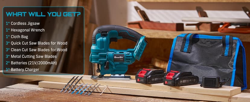 SEESII Cordless Jig Saw 21V, Electric Jigsaw Tool with 2× 2.0Ah Batteries, 2800RPM Variable Speed for Wood Cutting, 0°-45° Bevel Cuts, LED Light, 4 Orbital Settings for Straight/Curve/Circle Cutting