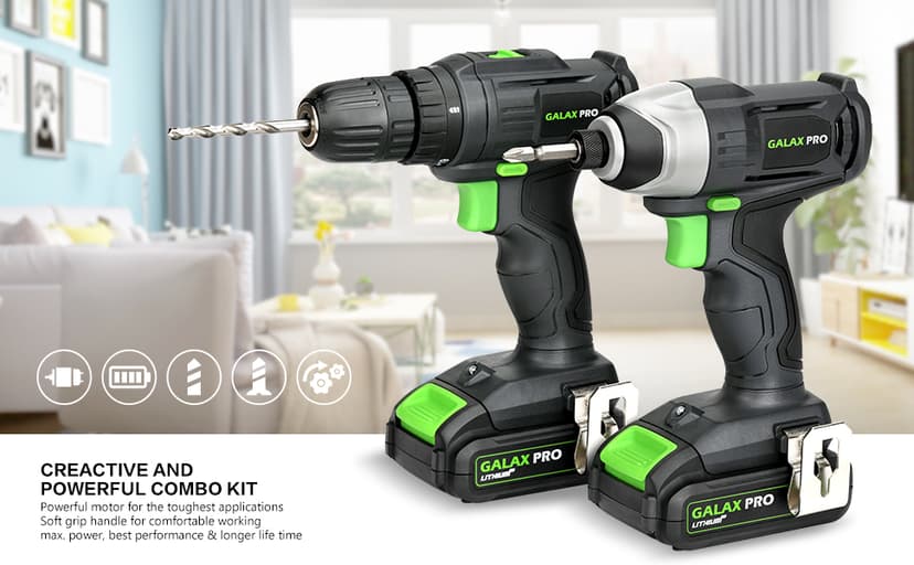 GALAX PRO Cordless Drill Driver/Impact Driver with 1pcs 1.3Ah Lithium-Ion Batteries, Charger Kit, 11pcs Accessories and Tool Bag