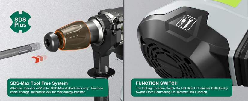 PTS 1-9/16 Inch SDS-Max Rotary Hammer, 13.5 Amp Heavy Duty 3 Functions Corded Concrete Demolition Hammer, w/Vibration Control & Safety Clutch, Includes Drill Bits, Chisels, Carrying Case (Green)
