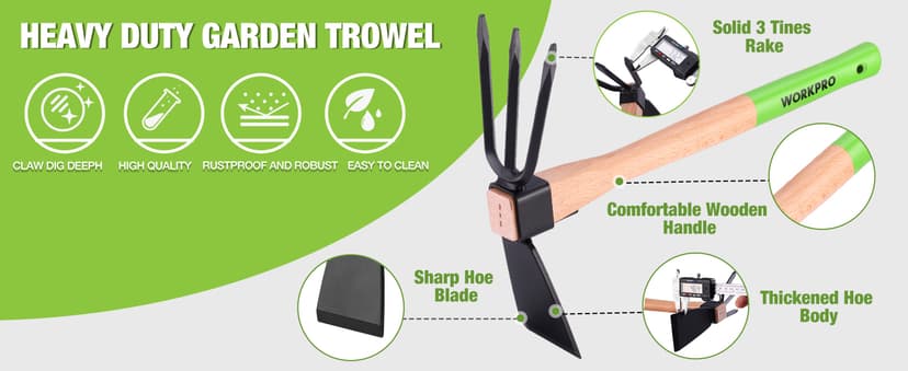 WORKPRO Hoe and Cultivator Garden Rake with 14" Wooden Handle, Sharp Hoe Blade & Sturdy 3 Claw Tiller, 2-in-1 Heavy Duty Gardening Hand Tools for Digging, Loosening Soil, Weeding, Cultivating