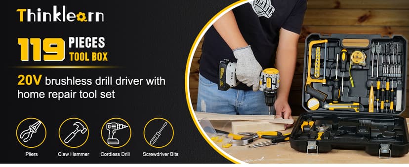 20V Brushless Drill Set, Cordless Power Drill with 2.0Ah Battery,119 PCS Combo Tool Kit for Men, 10mm 3/8" Keyless Chuck, 21+1 Torque Setting Power Tool Set for DIY Garden House Office Repair