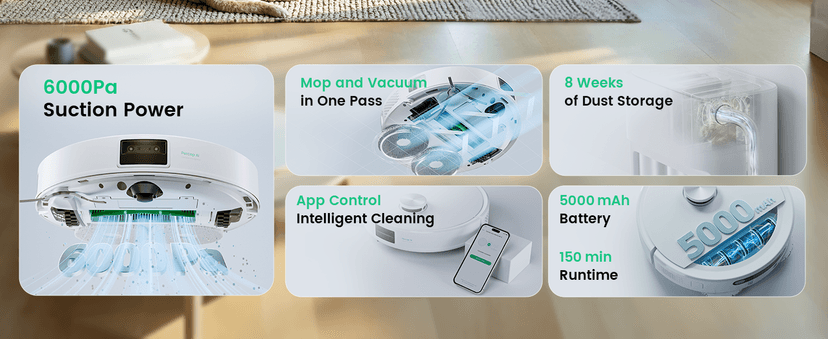 Robot Vacuum with All-in-One Station, Dual Mops with 12 mm Auto-Lift and Carpet Detection, Auto Dust Collection, 6000 Pa Suction, 180 Mins Runtime, Auto Mop Washing & Drying