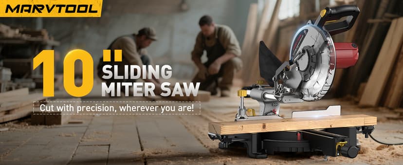 10-inch Sliding Compound Miter Saw, 5000RPM, 15 Amp, Single Bevel 0-45° with Extension Table, 36T Blade, Power Saw for Metal, Plastic, Wood, Laminates