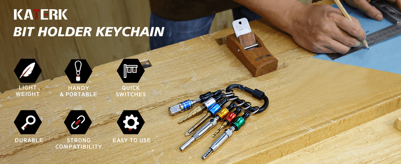 Push to Unlock,Katerk 6pcs 1/4 inch Hex Shank Aluminum Alloy Screwdriver Bit Holder Light-Weight Quick-Change Extension Bar Keychain Drill Screw Adapter Portable,Black Carabiner,Tool Gifts for Men