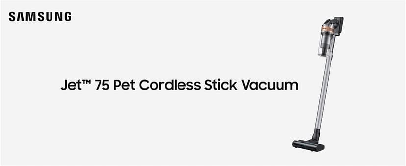 SAMSUNG Jet 75 Pet Cordless Stick Vacuum Cleaner, Lightweight w/ Turbo Brush, Mini Motorized Tool, Removable Battery, Powerful Cleaning for Hardwood Floors, Carpets, Area Rugs, VS20T7512N7/AA, Silver