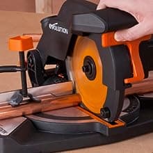 Evolution Power Tools R210CMS Compound Miter Saw, 8-1/4" Multi-Material Cutting TCT Blade Included Cuts Wood Metal Plastic & More, 45° - 45° Degree Miter & 45˚ Degree Bevel Angles, 1200W, 8-1/4"
