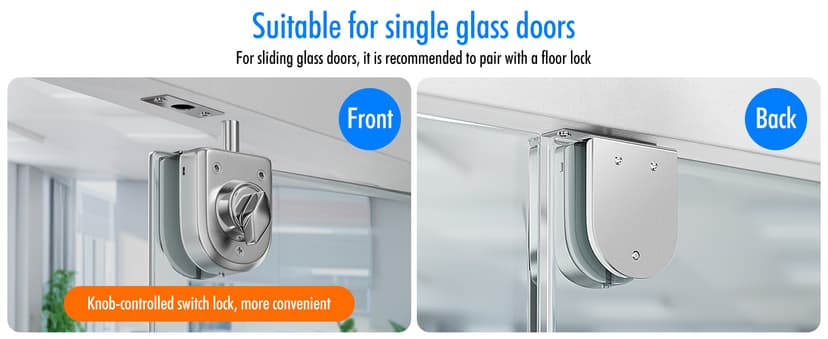 Ranbo Frameless Glass Door Floor Lock, Clamp-On No-Drill, 304 Stainless Steel, Fits 3/8"–1/2" (10–12 mm) Swing/Sliding Doors — Ideal for Office, Entrance,Storefront,Top or Bottom Mount,Brushed Nickel