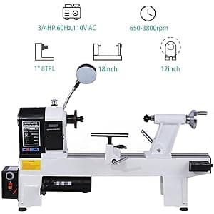 CXRCY 12" x 18" Wood Lathe, Powerful Benchtop Wood Lathe Machine 3/4 HP Infinitely Variable Speed 650-3800 RPM with Lathe Belt & Goggle for Woodworking, Woodturning (Model:WL460-12VF)