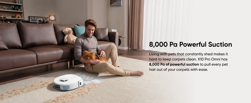 eufy X10 Pro Omni Robot Vacuum and Mop Combo, 8,000 Pa Suction, Dual Mops with 12 mm Auto-Lift and Carpet Detection, AI Obstacle Avoidance, Auto Mop Washing, Auto Drying, Self-Emptying, White