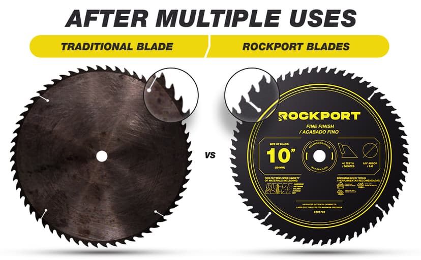 ROCKPORT Table Saw Blades 10 inch 60 Teeth - (1 Pack) 10" Table Saw Blades & 10 inch Miter Saw Blades, 5/8" Arbor, Multipupose Carbide Tip Circular Saw Blade for Fine Finish Cutting of Wood & Laminate