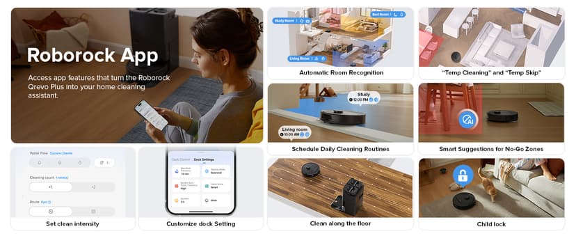 roborock Qrevo Plus Robot Vacuum and Mop with FlexiArm Design Edge Mopping, Self-Emptying, 10 mm Liftable Mops, Auto Mop Washing & Drying, Reactive Tech Obstacle Avoidance, 7,000 Pa Suction, Black