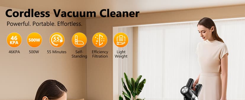 Cordless Vacuum Cleaner, 46KPa/500W Stick Vacuum with 55 Mins Runtime, Self-Standing Vacuum Cleaner for Home, LED Display, Anti-Tangle Brush, Rechargeable Vacuum for Pet Hair