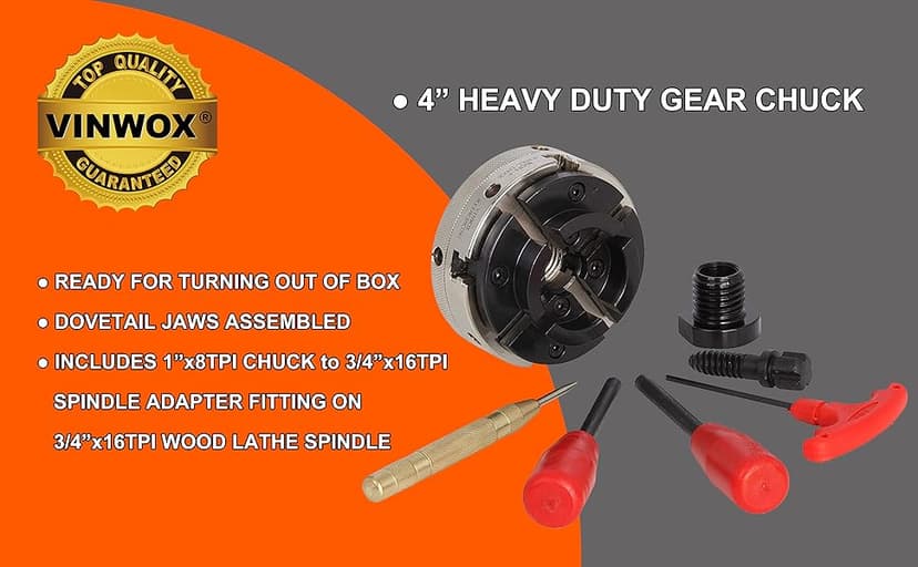 4INCH 4-Jaw Self-Centering Wood Lathe Chuck, 2" Round Jaw Mounted, 1"x8TPI thread & 3/4"x16TPI Adapter, T Allen Wrench, Screw Chuck, SCR4-4, Nickle electric Coating Body