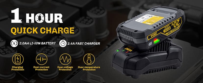 RIDA Impact Driver Kit 180Nm 20V Cordless Impact Drill/Driver Set 1/4" All-Metal Hex Chuck 0-2800RPM Variable Speed, 2000mAh Lithium-ion Battery & 1H Fast Charger, 25 Pcs Driver Bits and Tool Bag