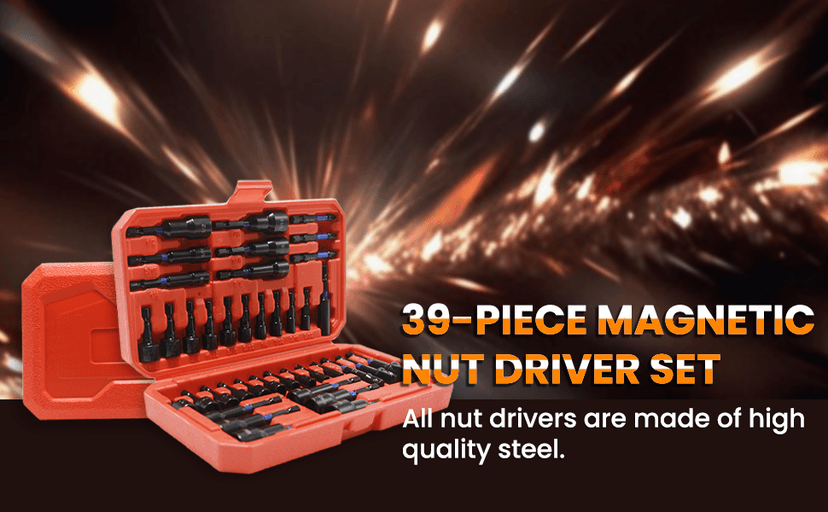 39-Piece Magnetic Nut Driver Set, Includes Metric & SAE Impact Driver Bit Set, Bit Extension & Drill Bit Adapter | 1/4" Hex Shank | Cr-V Steel, Screwdriver Bits, Bit Holder, Slotting Tool Box