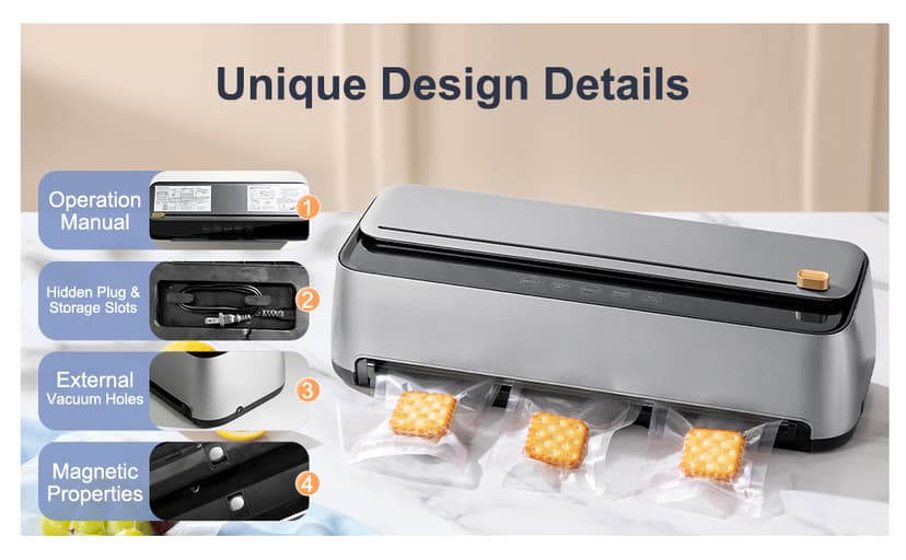 85Kpa Vacuum Sealer Machine for Food, 8-IN-1 Fully Automatic Food Sealer with Built-in Cutter & Bag Storage, Dry/Moist/EXT-VAC Modes, LED Touch Control, Includes 12 Vacuum Bags & 1 Roll Bag
