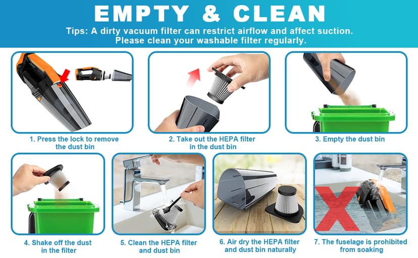 Handheld Vacuum Cordless Car Vacuum Portable with LED Light, High Power Suction, Lightweight Rechargeable Hand Vacuum, Hand Held Vacuum Cleaner for Car Home Office, Pet Hair, BlackOrange