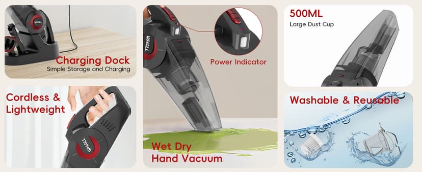 whall Handheld Cordless Car Vacuums, Wet and Dry Use 9000Pa Strong Suction Vacuums, Rechargeable Portable Vacuum Cleaner with LED, Charging Dock, Lightweight Mini Vacuum for Car, Home and Office, Red
