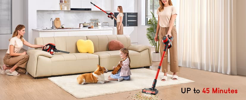 Cordless Vacuum Cleaner - Lightweight, 35Kpa Home Stick Vacuum, Smart Display & Removable Battery, Up to 45 Mins, 8 in 1 Portable Handhled Vacuum, Wall Mount Charging for Hardfloor, Carpet Red