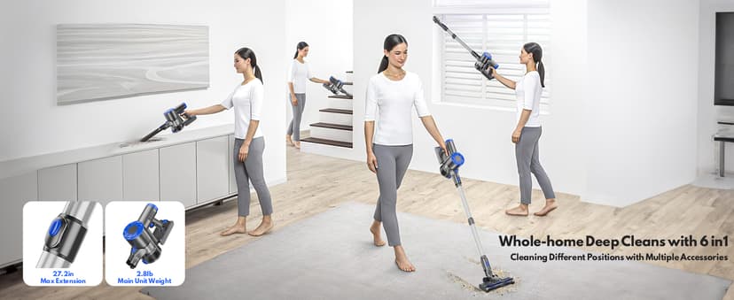 Cordless Vacuum Cleaner, Super Power Suction Stick Vacuum Cleaners with 2200 mAh Battery,8-in-1 Lightweight Self-Standing, 35 Mins Runtime for Home Hard Floor Low-Pile Carpet Pet Hair