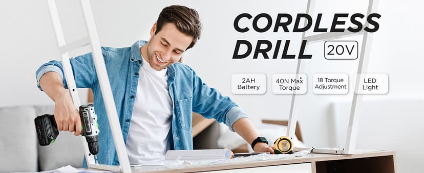 Cordless Drill Set, 20V Power Drill with Battery 2.0Ah and Charger, 3/8-Inch Keyless Chuck Electric drill, 18+1 Position, 2 Variable Speed, 380 In-lb Torque (Gray)