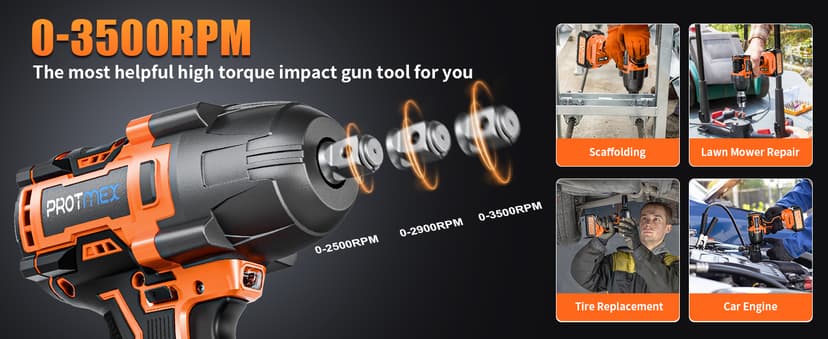 Cordless Impact Wrench, 900Ft-lbs (1200N.m) 1/2" Brushless Impact Gun, 21V High Torque Power Impact Driver, 2x4.0Ah Batteries Electric Impact Motor Variable Speeds for Family Car/Pickup Truck/Mower