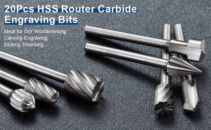 Wood Carving Bits Engraving Router Bit, 20pcs HSS Different Rotary Burr Set with 1/8"(3mm) Shank for Rotary Tools for DIY Woodworking, Carving, Drilling, Engraving, Trimming