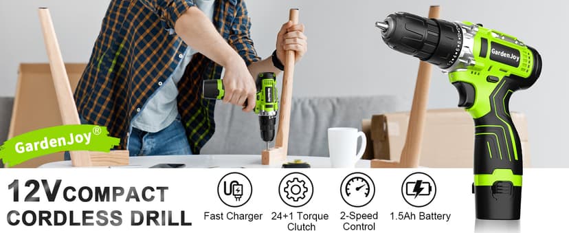 GardenJoy Cordless Power Drill Set: 12V Electric Drill with Battery and Charger, 65pcs Acessories, 3/8"Keyless Chuck, 2 Variable Speed, 24+1 Position, Compact Drill Driver Kit for Home & DIY Project