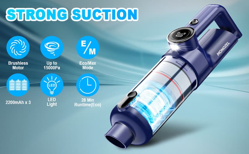 Handheld Vacuum Cordless - Car Vacuum Cleaner with Brushless Motor, 15000Pa Strong Suction with LED Light, Type C Cable, 2 Fliters, Portable Hand Vacuum for Car, Home, and Office