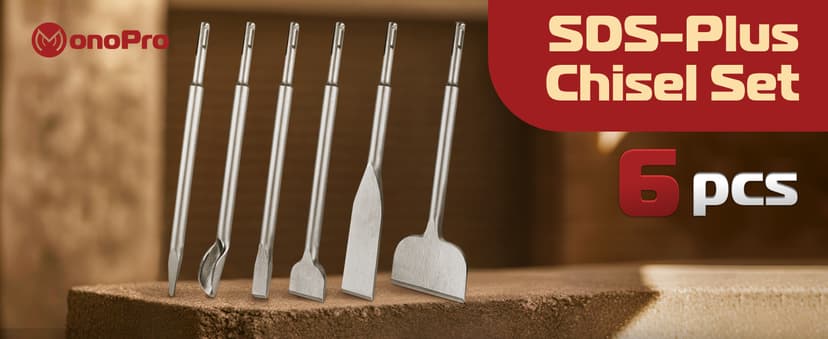 SDS Plus Chisel Set for Rotary Hammer Drills, 6 PCS SDS Chisel Set Includes Point, Flat, Scaling, Groove, Scraping, Tile, Hammer Drill Bits for Brick, Concrete, Block, Masonry
