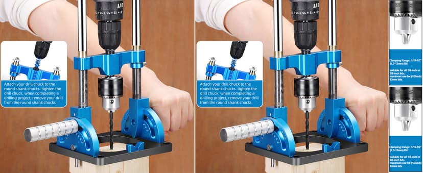 Portable Drill Guide, Multi Angle Drill Guide for Straight Holes, Self-Centering Pins, Drilling Jig w/Chuck & Key, Adjustable Angle from 0° to 60°, Chuck Clamping Range for 1/16-1/2" (1.5-13mm)