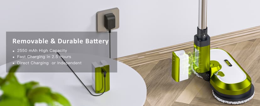 Cordless Electric Mop, Electric Spin Mop with LED Headlight and Water Spray, Up to 60 mins Powerful Floor Cleaner with 300ml Water Tank & Detachable Battery, Super Quiet Cleaning & Waxing