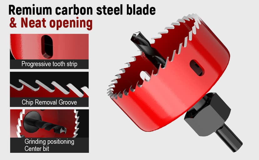 12-Piece Hole Saw Kit, Includes 8 Sizes (3/4" to 2-1/2"), Arbors, Drill Bits, and Hex Key, Ideal for Softwood, Plywood, and PVC(RED)