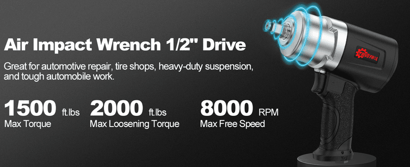 Air Impact Wrench 1/2" - 1/2 Inch Impact Gun 1/2 Drive, 1500Ft-lbs, 8000RPM High Torque Impact Wrench, Weight 4.74 lb, 1/2 Air Impact Gun for Auto Repair, Tire Shop