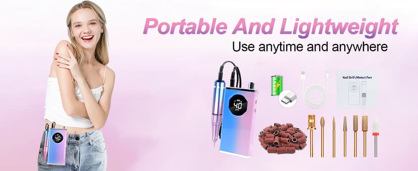 Electric Nail Drill File Professional 40000 RPM, Melodly Rechargeable Electric Nail File Machine Kit for Acrylic Gel Nails Polishing Removing, Portable Cordless Efile with Gold Bits Kit at Salon Home
