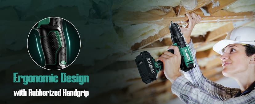 KIMO Hammer Drill - 20V 2X Battery Hammer Drill Cordless Drill Set, 350 In-lb Torque, 3/8" Keyless Chuck, 1350 RPM, 21+3 Position,14pcs Drill/Driver Bits, Power Drill Drivers for Concrete Brick Wall