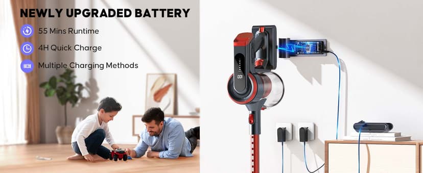 Cordless Vacuum Cleaner, 450W 40KPA Up to 55 Mins Cordless Stick Vacuum Cleaner with Charging Station, LED Touch Display, Anti-Tangle Handheld Vacuum Cleaners for Home/Pet Hair/Carpets/Floors