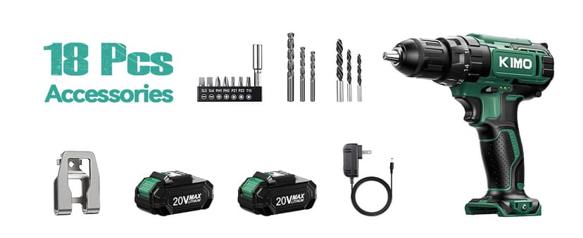 KIMO Hammer Drill - 20V 2X Battery Hammer Drill Cordless Drill Set, 350 In-lb Torque, 3/8" Keyless Chuck, 1350 RPM, 21+3 Position,14pcs Drill/Driver Bits, Power Drill Drivers for Concrete Brick Wall