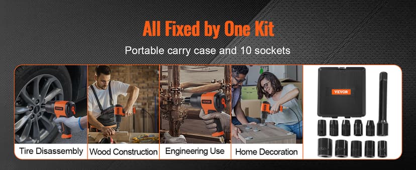 VEVOR 1/2-Inch Air Impact Wrench - High Torque 1400 ft-lbs - Lightweight 4.6 lb - Includes 11-Piece CR-V Steel Impact Socket Set & Carrying Case