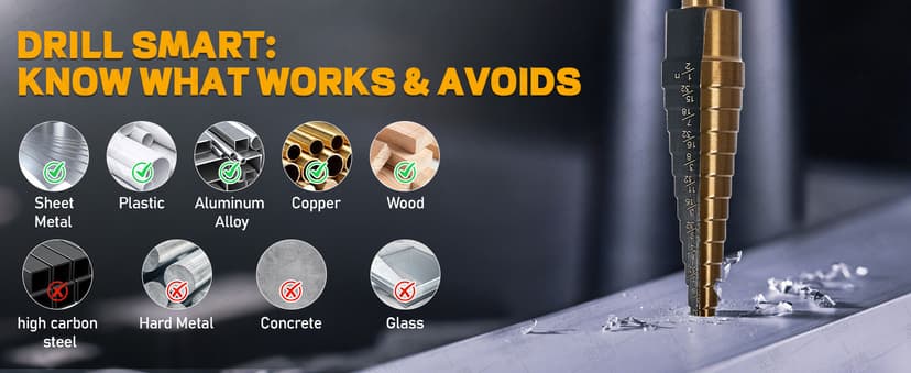 Step Drill Bits, 5PCS HSS Titanium Step Drill Bit Set, 50 Sizes High Speed Steel Step Bits for Metal with Aluminum Case