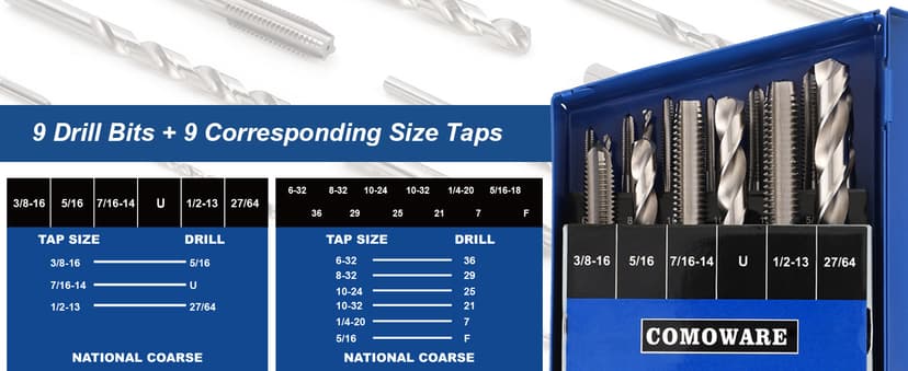 COMOWARE Drill and Tap Sets, HSS Jobber Length Drill Bits with Metal Indexed Case | 18-Piece, 6-32 to 1/2"-13 Tap Sizes