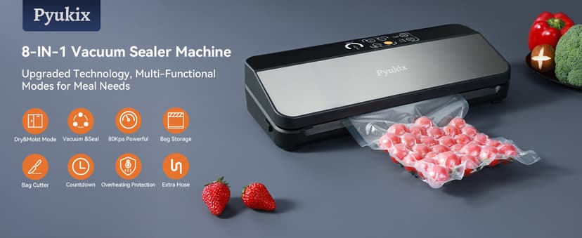 Vacuum Sealer Machine, Food Sealer Machine 80KPA Automatic 8-IN-1 for Food Saving Dry/Moist Mode with Build-in Cutter&Storage, Digital Countdown, Air Suction Hose, 2 Roll-Bags, 11 Vacuum Bags