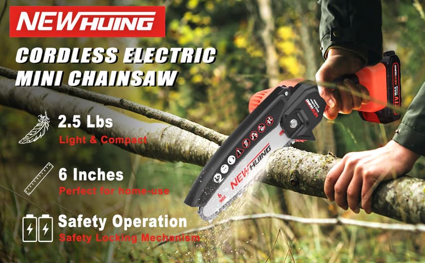 Mini Cordless Chainsaw Kit, Upgraded 6" One-Hand Handheld Electric Portable Chainsaw, 21V Rechargeable Battery Operated, for Tree Trimming and Branch Wood Cutting by New Huing