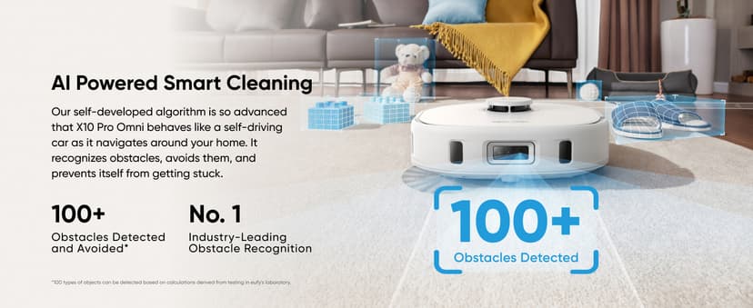 eufy X10 Pro Omni Robot Vacuum and Mop Combo, 8,000 Pa Suction, Dual Mops with 12 mm Auto-Lift and Carpet Detection, AI Obstacle Avoidance, Auto Mop Washing, Auto Drying, Self-Emptying, White