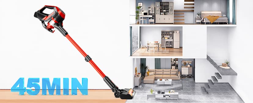 Cordless Vacuum Cleaner - Lightweight, 35Kpa Home Stick Vacuum, Smart Display & Removable Battery, Up to 45 Mins, 8 in 1 Portable Handhled Vacuum, Wall Mount Charging for Hardfloor, Carpet Red