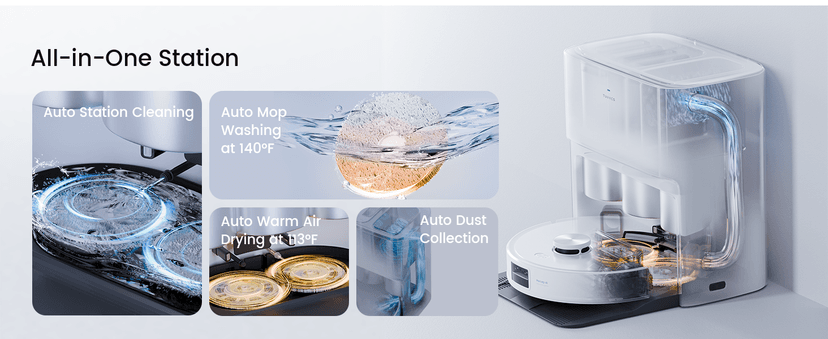 Robot Vacuum with All-in-One Station, Dual Mops with 12 mm Auto-Lift and Carpet Detection, Auto Dust Collection, 6000 Pa Suction, 180 Mins Runtime, Auto Mop Washing & Drying