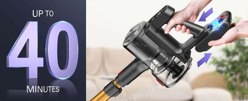 Cordless Vacuum Cleaner, 40Kpa Vacuum Cleaners for Home with LED Screen, 40Mins Stick Vacuum Cordless Rechargeable Dock, Handheld Vacuum Cleaner for Pet Hair, Carpet, Hardwood Floor, A40