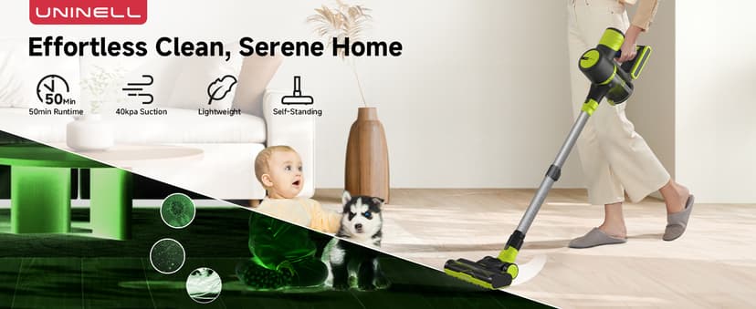 UNINELL HOME Cordless Vacuum Cleaner, 45Kpa 55 Mins Vacuum Cleaners for Home, Lightweight, Anti-Tangle, Self-Standing, Rechargeable Vacuum Stick Cordless for Pet Hair, Carpet, Hardwood Floors