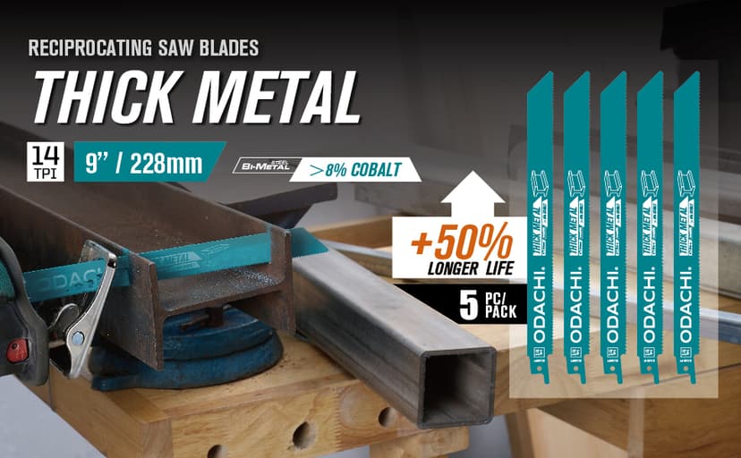 ODACHI Heavy Metal Cutting Reciprocating Saw Blades 9 Inch 14TPI Sawzall Blades for Pipe, Sheet, Rebar, Bi-Metal Sabre Saw Blades High Wear Resistance for Cutting 5 Pack