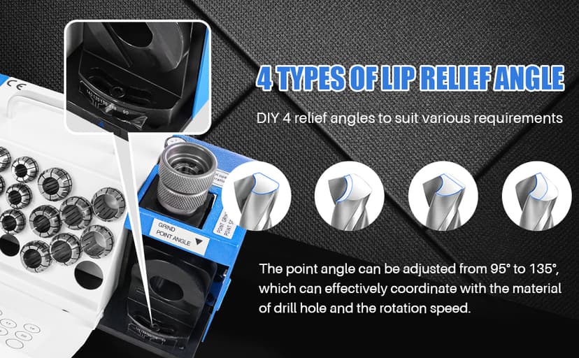Drill Bits Sharpener, 3-20mm Drill Bit Grinding Machine, Lip Relief Angle & 95°-135° Point Angle Adjustable Drill Bit Re-Sharpener, Portable Bits Sharpening Machine with 18 Collets, CBN & SDC Wheel
